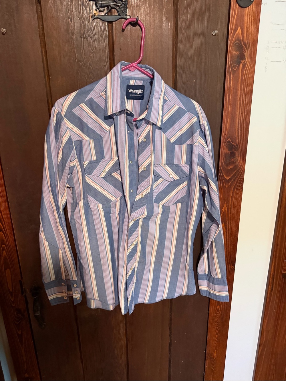 Wrangler Blue, White & Pink Striped Western Button-Down Shirt